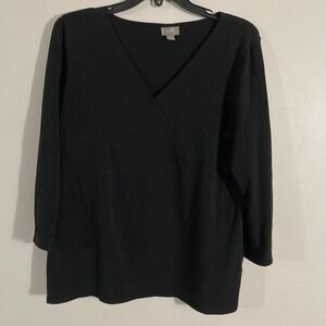 J. Jill Faux Wrap Top Womens M Black 3/4 Sleeve Cotton Lycra V-Neck Stretch